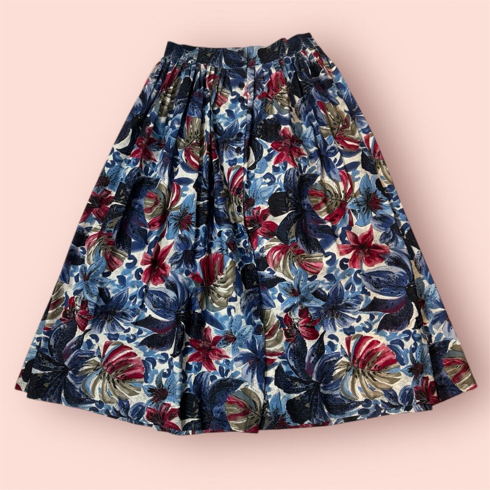 Vintage Blue Floral Granny Chic Midi Skirt All Over Print Womens 14 Fall Colors